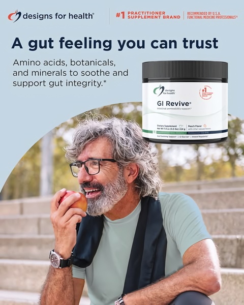 An advertisement for GI Revive featuring a person eating an apple in a natural, outdoor setting to highlight digestive wellness.